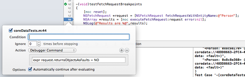 Breakpoint telling a fetch request to return objects as faults